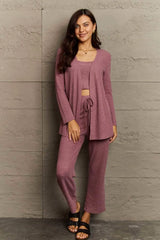 Ninexis Full Size Cropped Top, Long Pants and Cardigan Lounge Set Moonlit Mauve Loungewear Sets - Tophatter Daily Deals