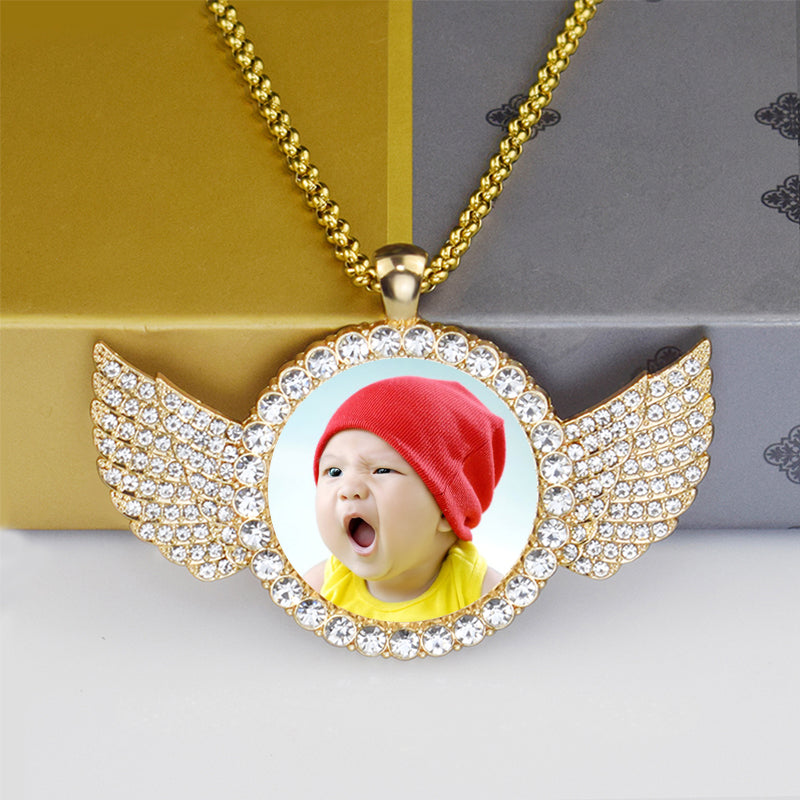 Angel Wings Medallions Custom Photo Pendant Necklace For Men Hip Hop Jewelry Iced Out Pendant Custom Engraved Name Memory Gift 7 - Tophatter Daily Deals