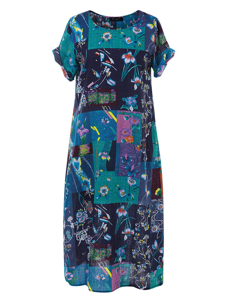 Bohemian Print Short Sleeve Summer Plus Size Dress Maxi Dresses - Tophatter Daily Deals
