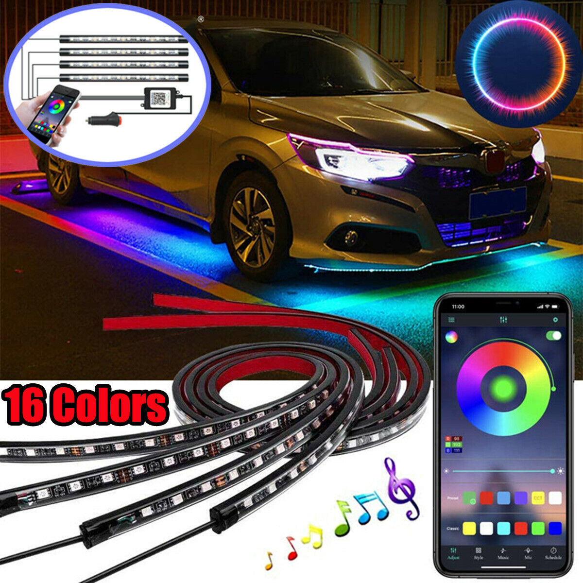 Auto LED RGB Interior Atmosphere Strip Light Decorative Foot Lamp With USB Wireless Remote Music Control Multiple Modes For Car default 5 - Tophatter Daily Deals