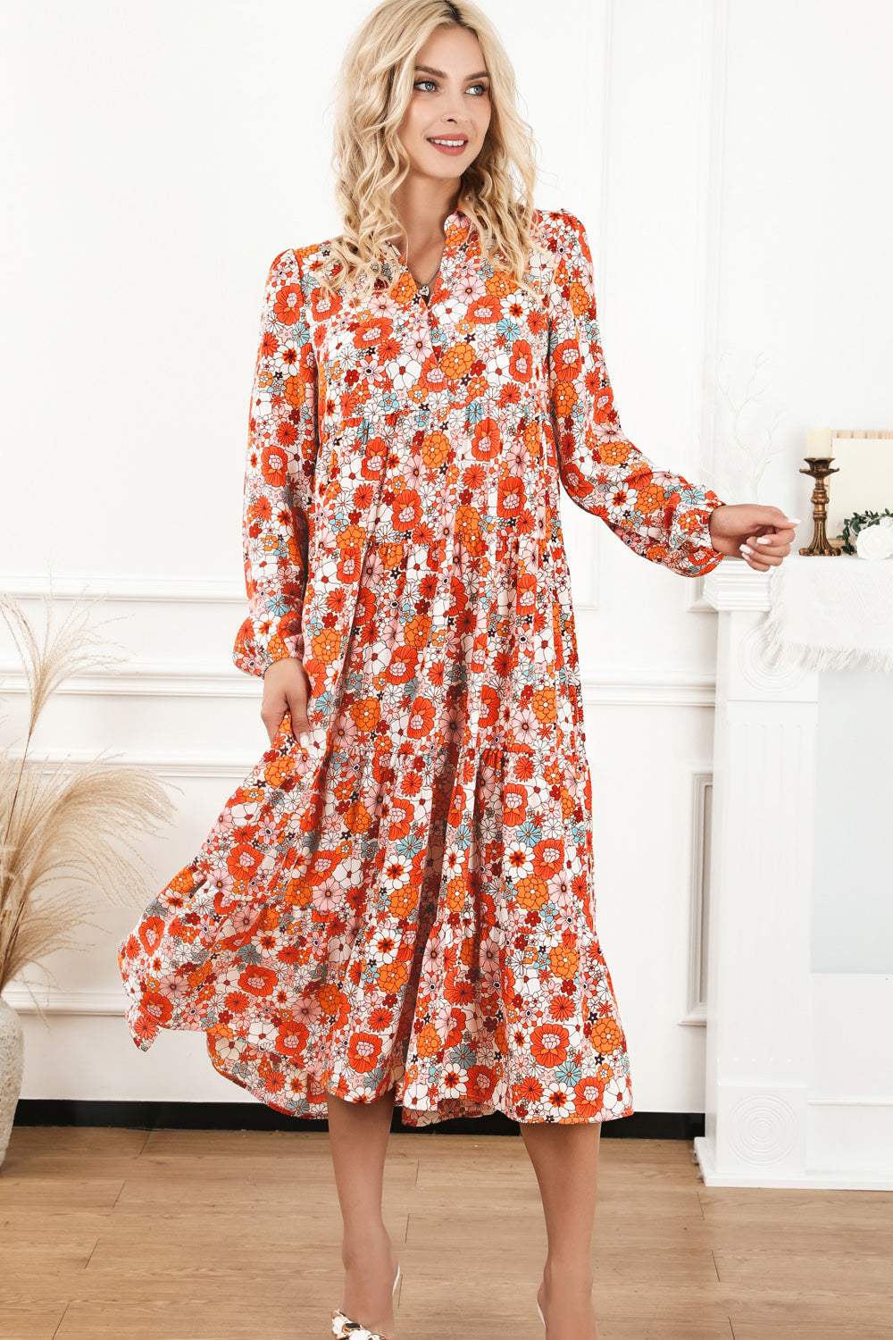 Floral Notched Neck Long Sleeve Dress Multicolor Casual Dresses - Tophatter Daily Deals