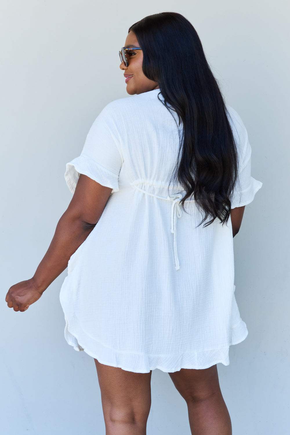 Ninexis Out Of Time Full Size Ruffle Hem Dress with Drawstring Waistband in White Casual Dresses - Tophatter Daily Deals