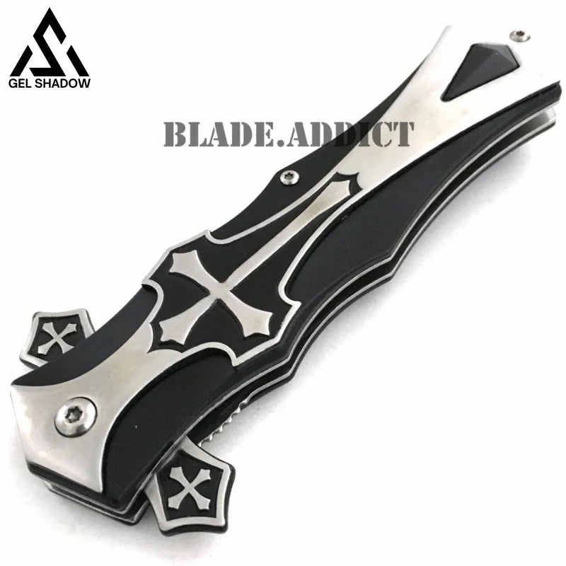CELTIC CROSS Folding Blade STILETTO Pocket Knife Black-GS42 Pocket Knives - Tophatter Daily Deals