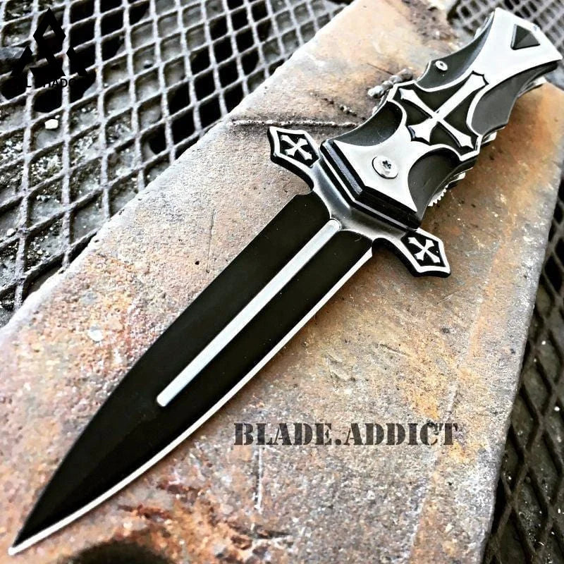 CELTIC CROSS Folding Blade STILETTO Pocket Knife Black-GS42 Pocket Knives - Tophatter Daily Deals
