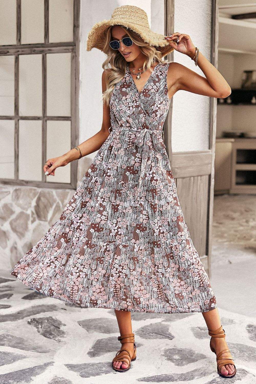 Floral Belted Surplice Sleeveless Tiered Dress Casual Dresses - Tophatter Daily Deals