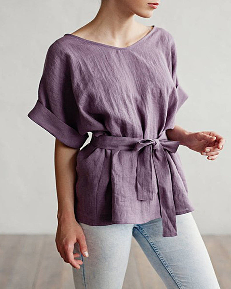 Kimono V-Neck Linen Top Purple Blouses & Shirts - Tophatter Daily Deals