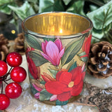 Red Magnolia Tealight Holder | Round Glass Christmas Candle Holder - 7cm Candle Holder - Tophatter Daily Deals