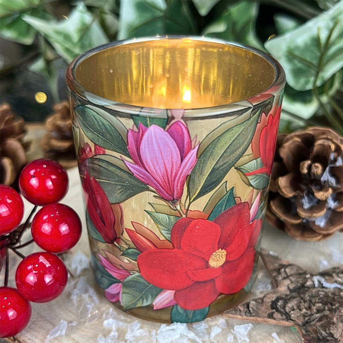 Red Magnolia Tealight Holder | Round Glass Christmas Candle Holder - 7cm Candle Holder - Tophatter Daily Deals