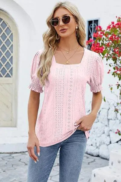 Eyelet Square Neck Short Sleeve T-Shirt Blush Pink Women's T-Shirts - Tophatter Daily Deals