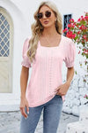 Eyelet Square Neck Short Sleeve T-Shirt Blush Pink Women's T-Shirts - Tophatter Daily Deals