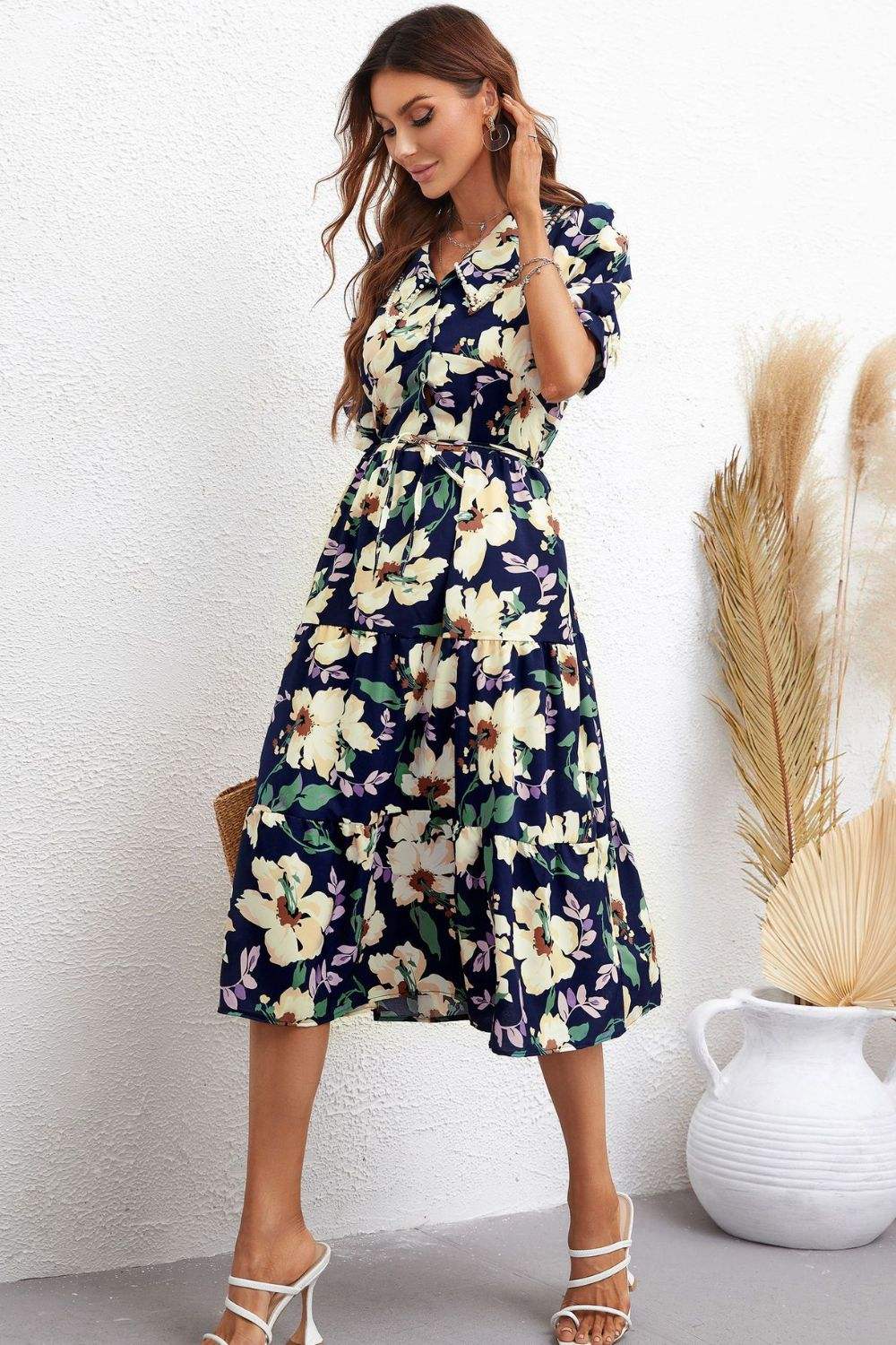 Floral Collared Neck Tiered Midi Dress Casual Dresses - Tophatter Daily Deals