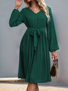 Lace V-Neck Long Sleeve Pleated Dress Casual Dresses - Tophatter Daily Deals