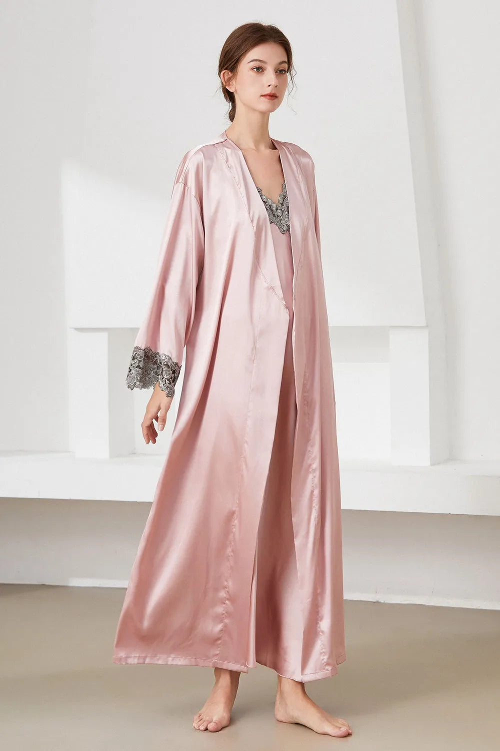 Contrast Lace Trim Satin Night Dress and Robe Set Loungewear Sets - Tophatter Daily Deals