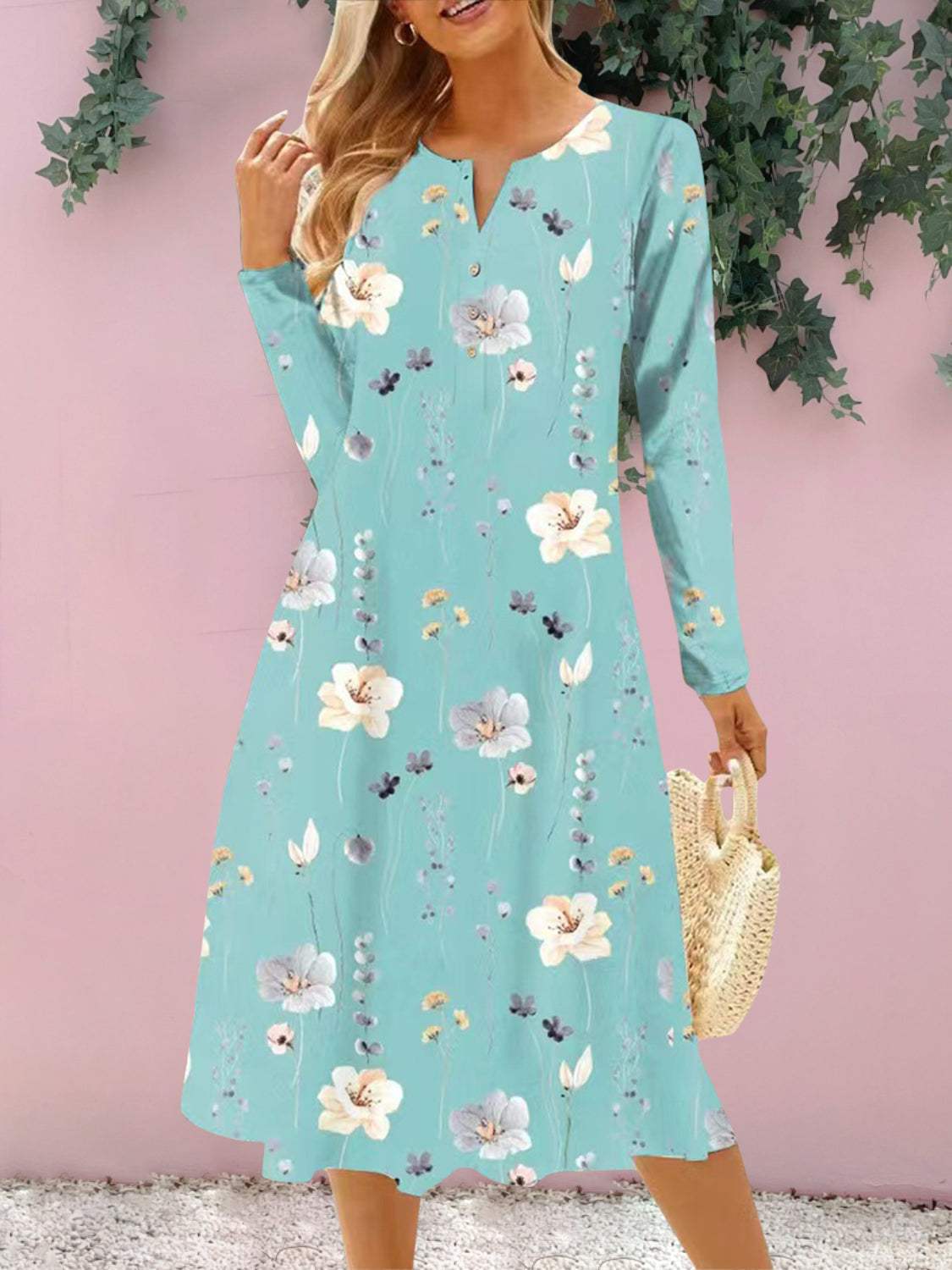 Floral Notched Long Sleeve Midi Dress Pastel Blue Casual Dresses - Tophatter Daily Deals