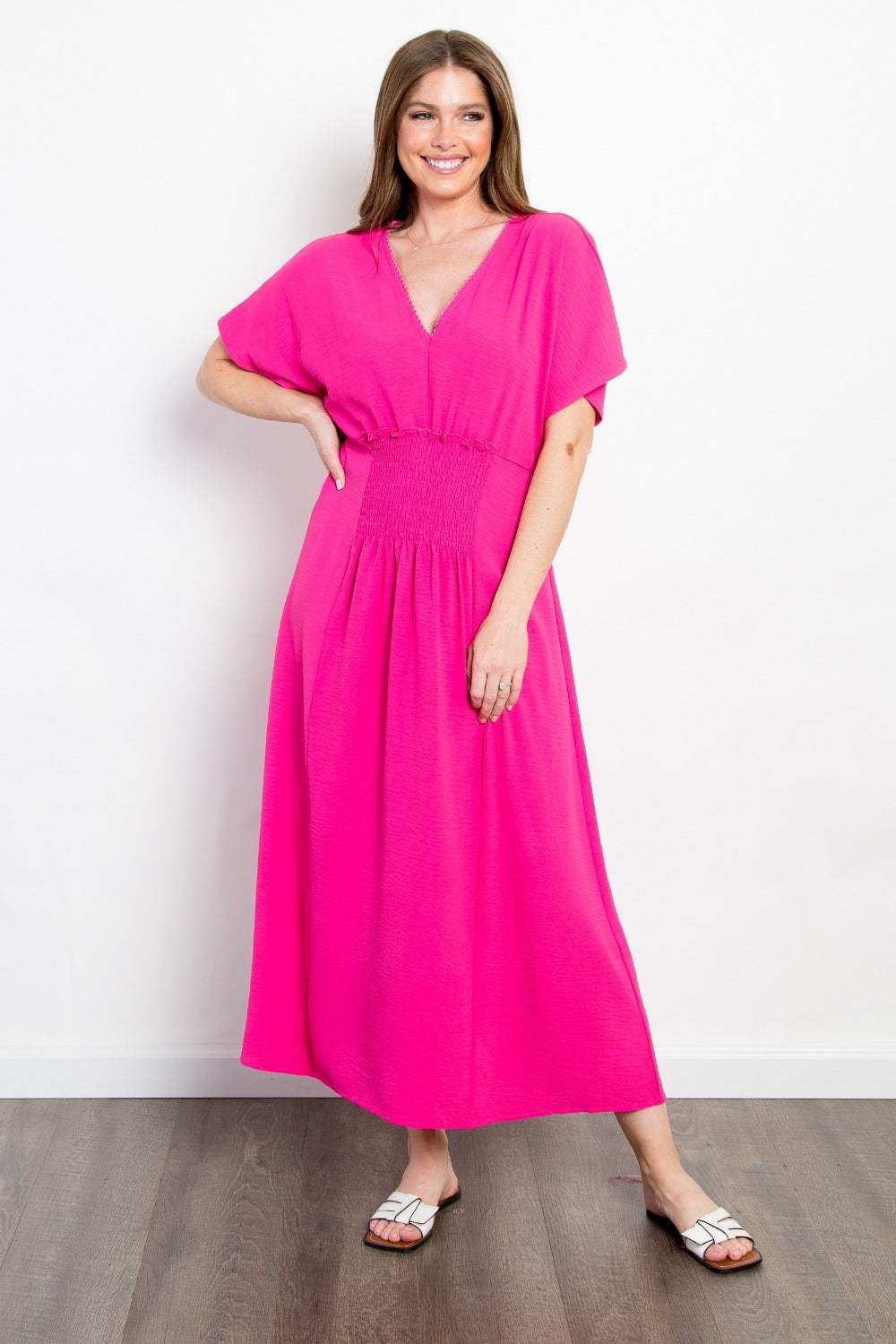 Be Stage Full Size Shirred Front Short Sleeve Maxi Dress Fuchsia Casual Dresses - Tophatter Daily Deals