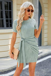 Tied Round Neck Short Sleeve Mini Dress Casual Dresses - Tophatter Daily Deals