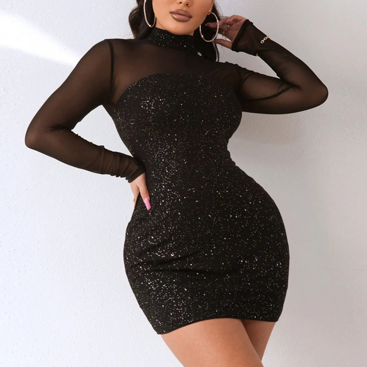 Sequin Mock Neck Mesh Dress Cocktail Dresses - Tophatter Daily Deals