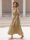 Tassel Trim Smocked V-Neck Short Sleeve Dress Casual Dresses - Tophatter Daily Deals