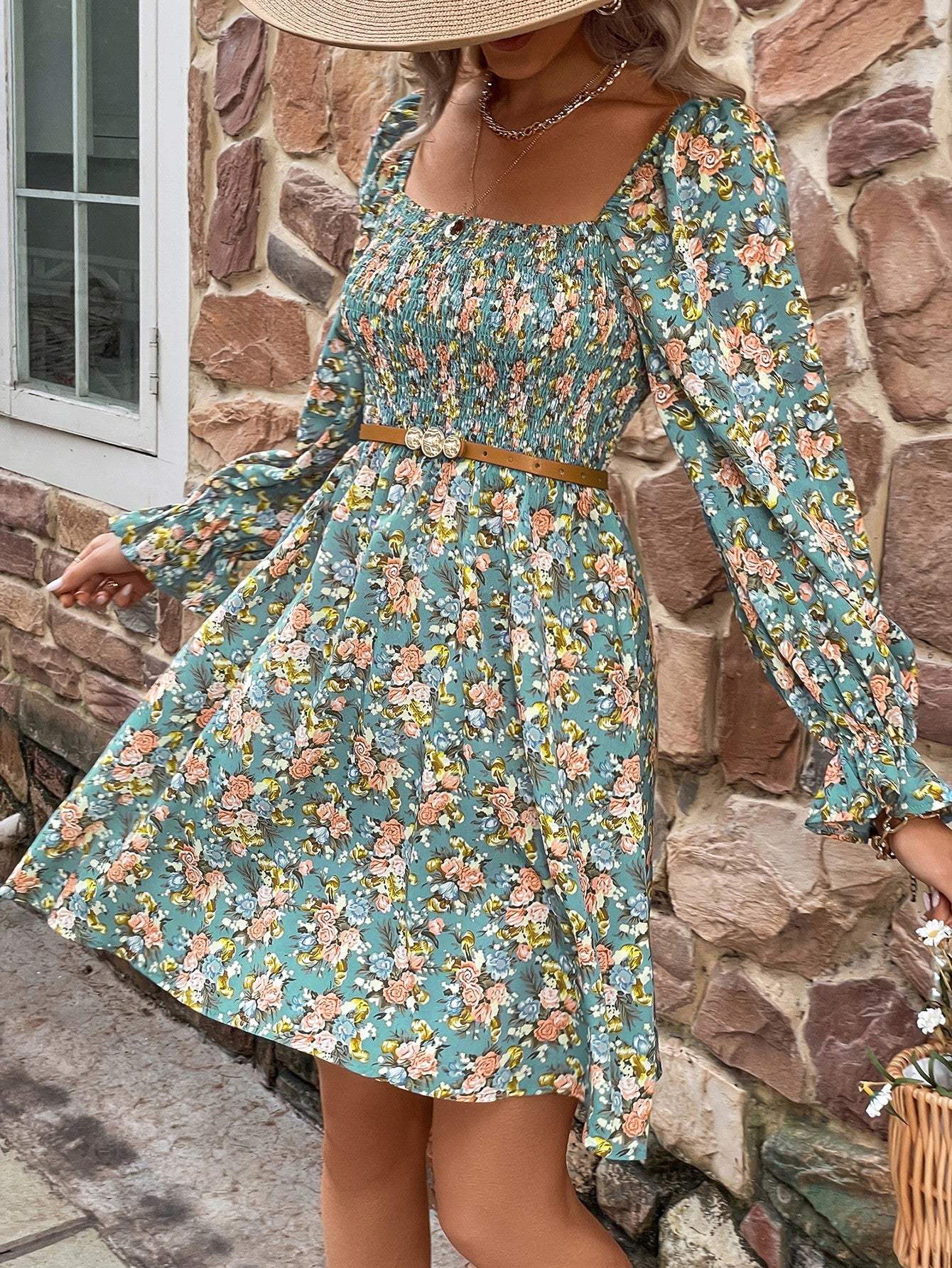 Floral Smocked Flounce Sleeve Square Neck Dress Casual Dresses - Tophatter Daily Deals