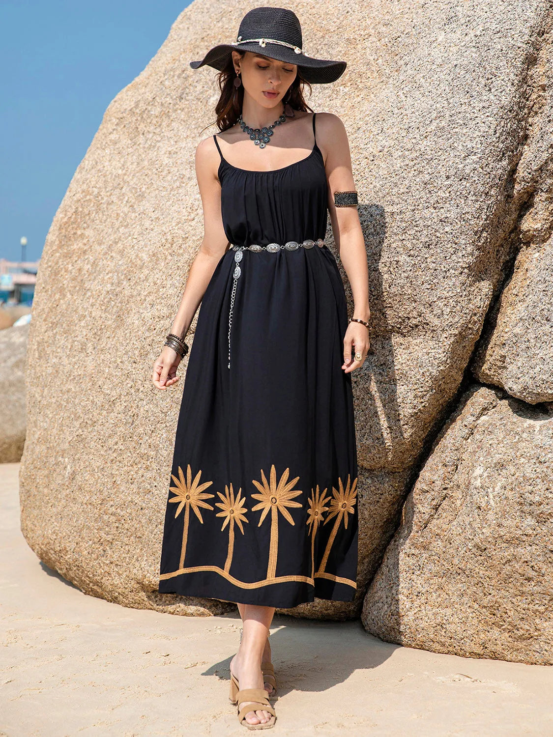 Embroidered Scoop Neck Midi Cami Dress Black Casual Dresses - Tophatter Daily Deals