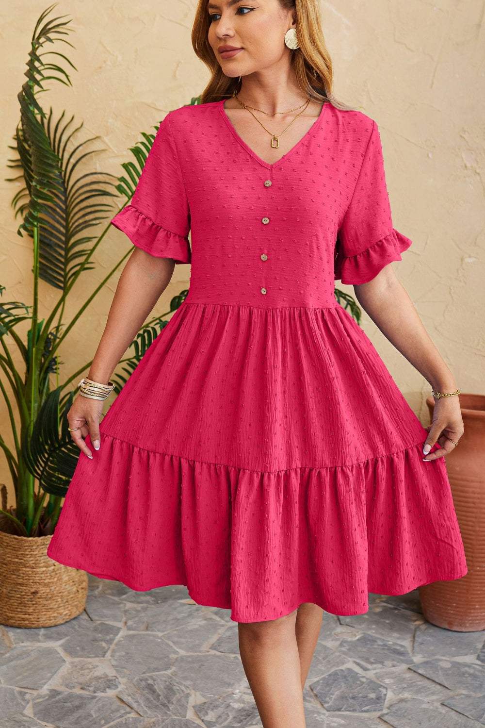 Swiss Dot Ruffled V-Neck Tiered Dress Deep Rose Casual Dresses - Tophatter Daily Deals