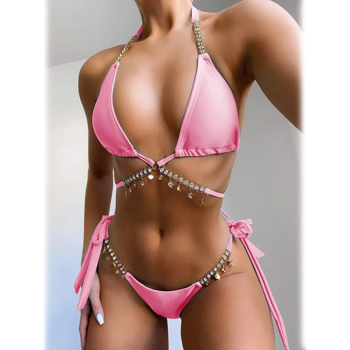 Chain Linked Triangle Tie Side Bikini Swimsuit Pink Women's Swimwear - Tophatter Daily Deals