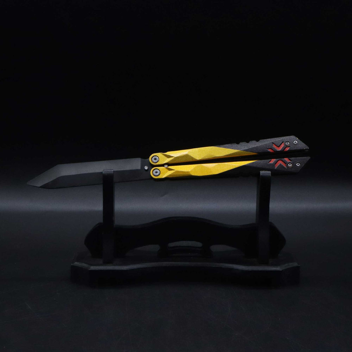 Metal Champion Butterfly Knife Blunt Blade Balisong Trainer Display Fan Art Champion (Black) & Wooden Stand - Tophatter Daily Deals