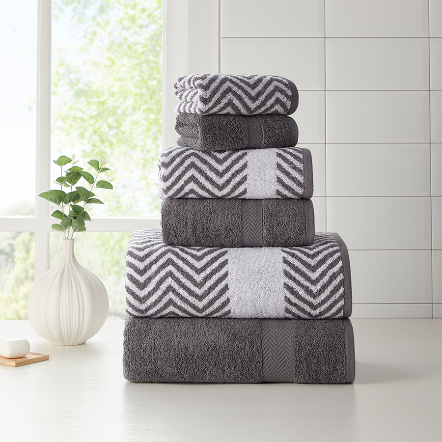 Kathy Ireland 6 Piece Chevron Jacquard Towel Set with Lets Dry Charcoal Bath Towel - Tophatter Daily Deals