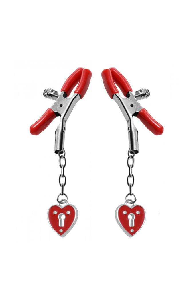 XR Brands - Master Series - Captive Heart Padlock Nipple Clamps - Red BDSM - Tophatter Daily Deals