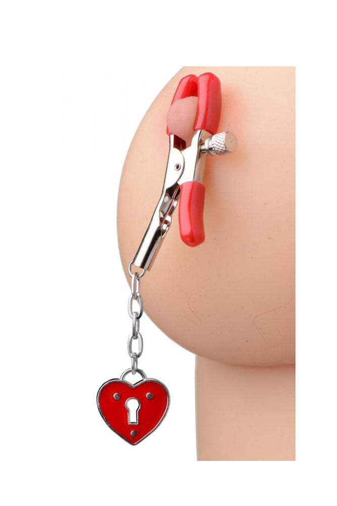 XR Brands - Master Series - Captive Heart Padlock Nipple Clamps - Red BDSM - Tophatter Daily Deals