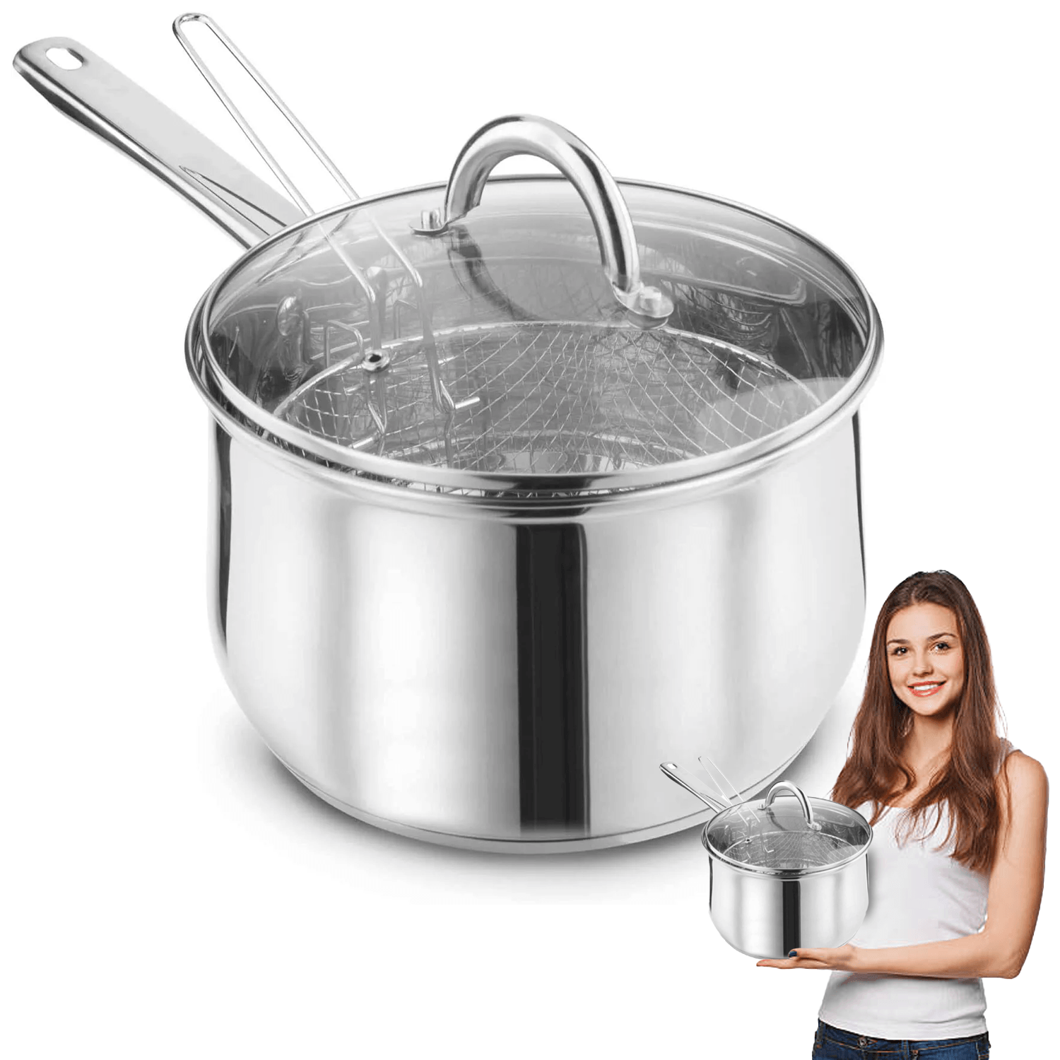 Chip Pan with Basket - Stainless Steel Deep Cook Fryer Pot Frying Basket Kitchen Cookware Cookware - Tophatter Daily Deals