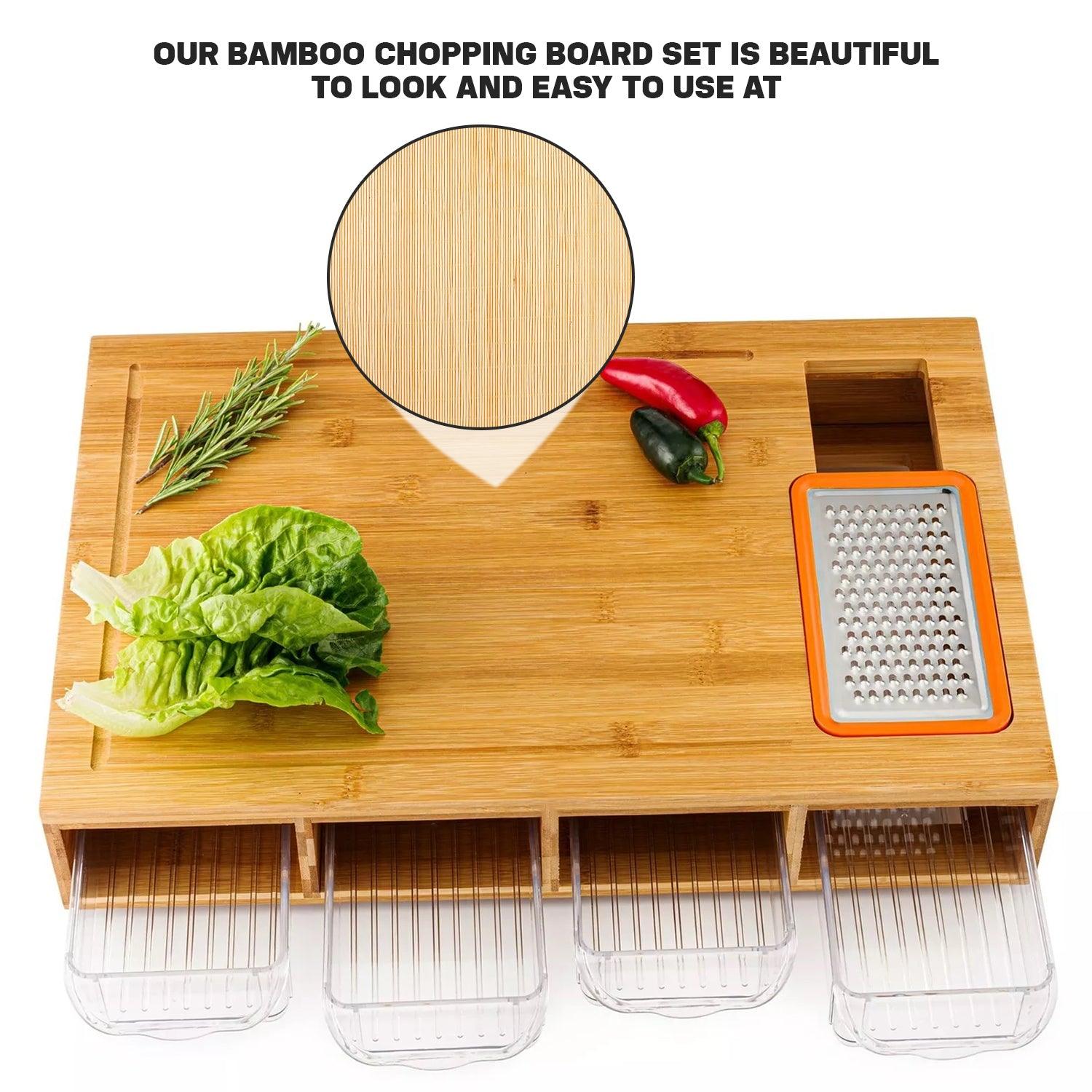 Wooden Chopping Board - Large Bamboo Wood Chopping Board With 4 BPA Free Plastic Drawers Cutting Boards Home - Tophatter Daily Deals