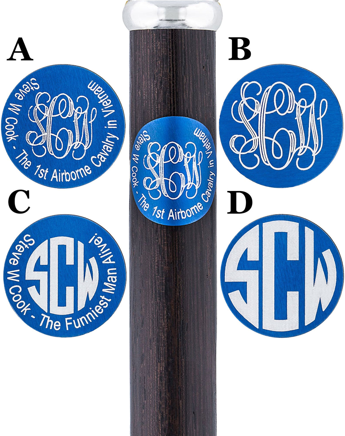 Custom Cane Engraving: Circle in Blue Anodized Aluminum Walking Cane Engraving - Tophatter Daily Deals