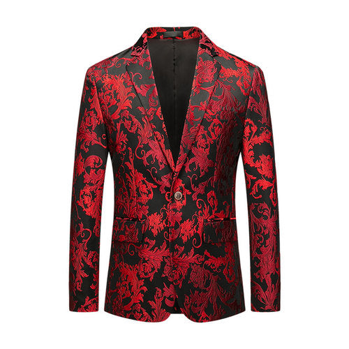 Men Jacquard Suit Jacket Slim Fit Dress Coat Red Men Blazer - Tophatter Daily Deals