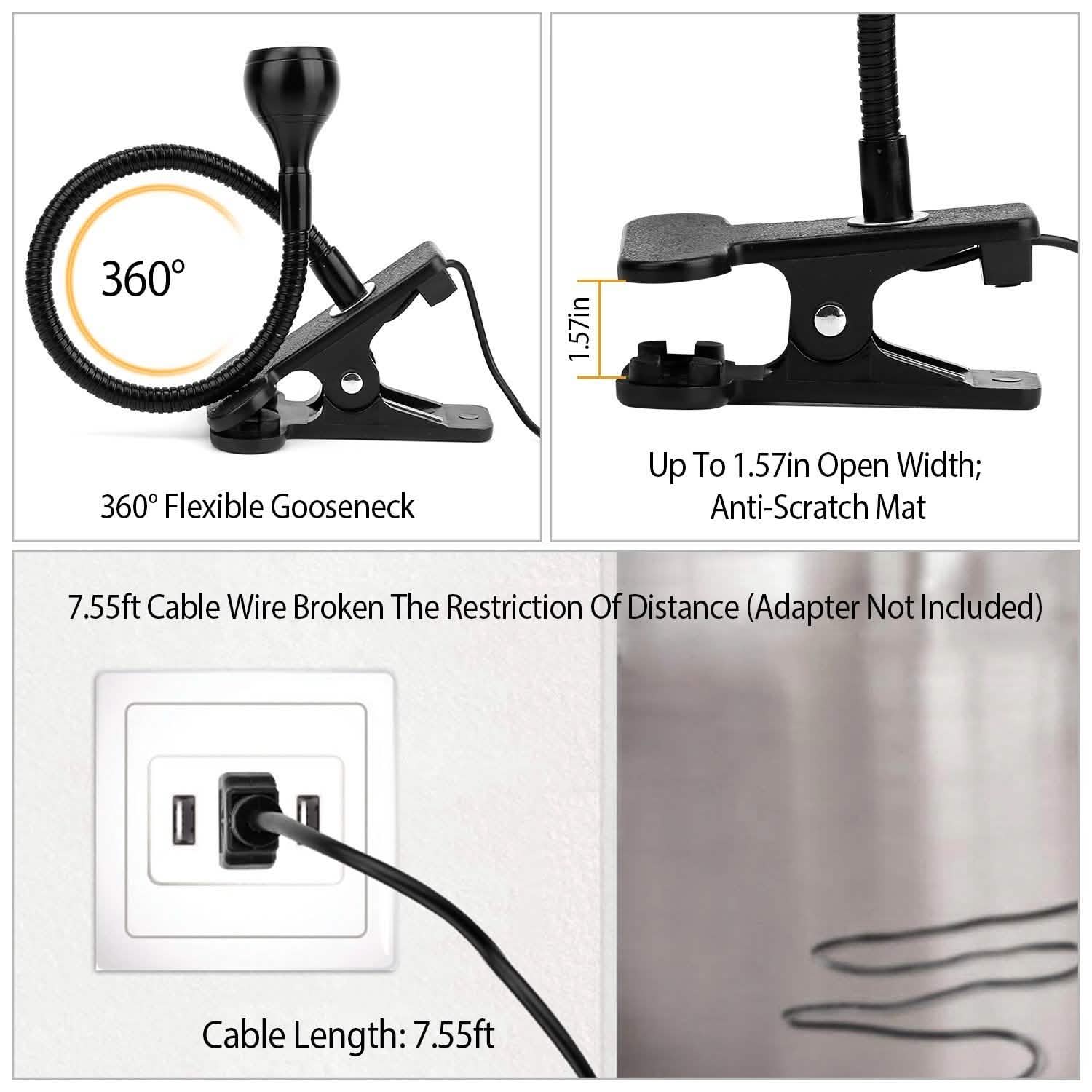 Clip On Reading Light USB Desk Clamp Lamp Flexible Gooseneck Indoor Lighting - Tophatter Daily Deals