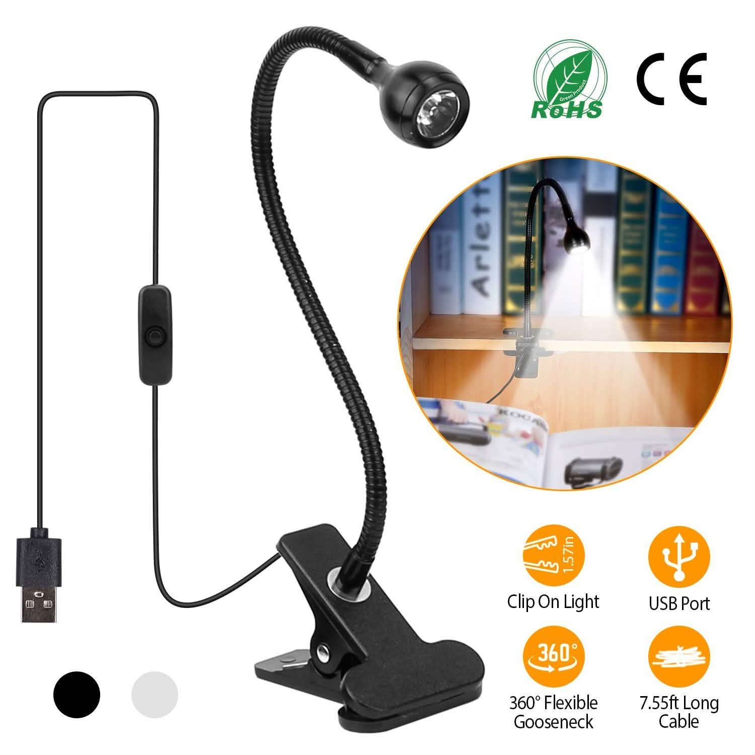 Clip On Reading Light USB Desk Clamp Lamp Flexible Gooseneck Indoor Lighting - Tophatter Daily Deals