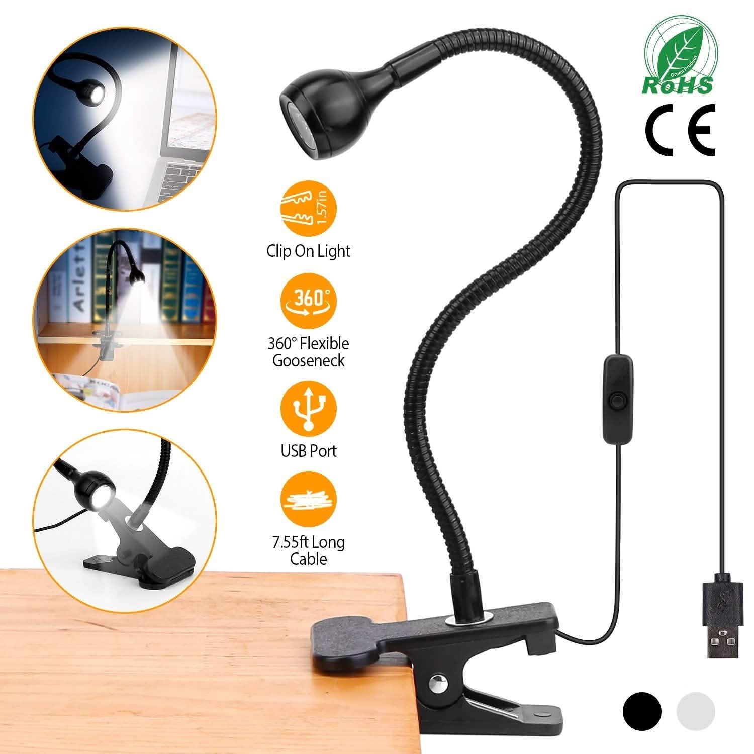 Clip On Reading Light USB Desk Clamp Lamp Flexible Gooseneck Indoor Lighting - Tophatter Daily Deals