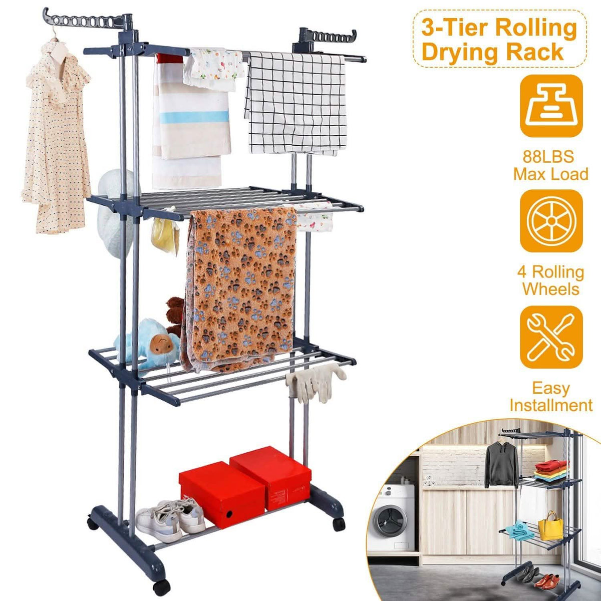 Clothes Drying Rack Rolling Collapsible Laundry Dryer Hanger Stand Rail Storage & Organization - Tophatter Daily Deals
