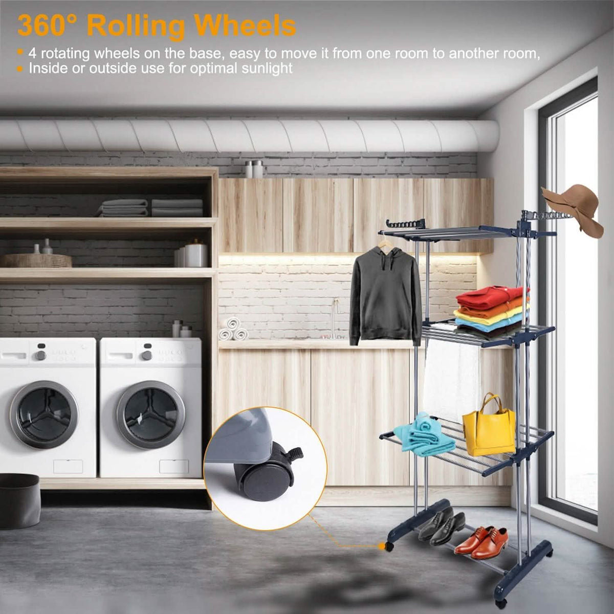 Clothes Drying Rack Rolling Collapsible Laundry Dryer Hanger Stand Rail Storage & Organization - Tophatter Daily Deals