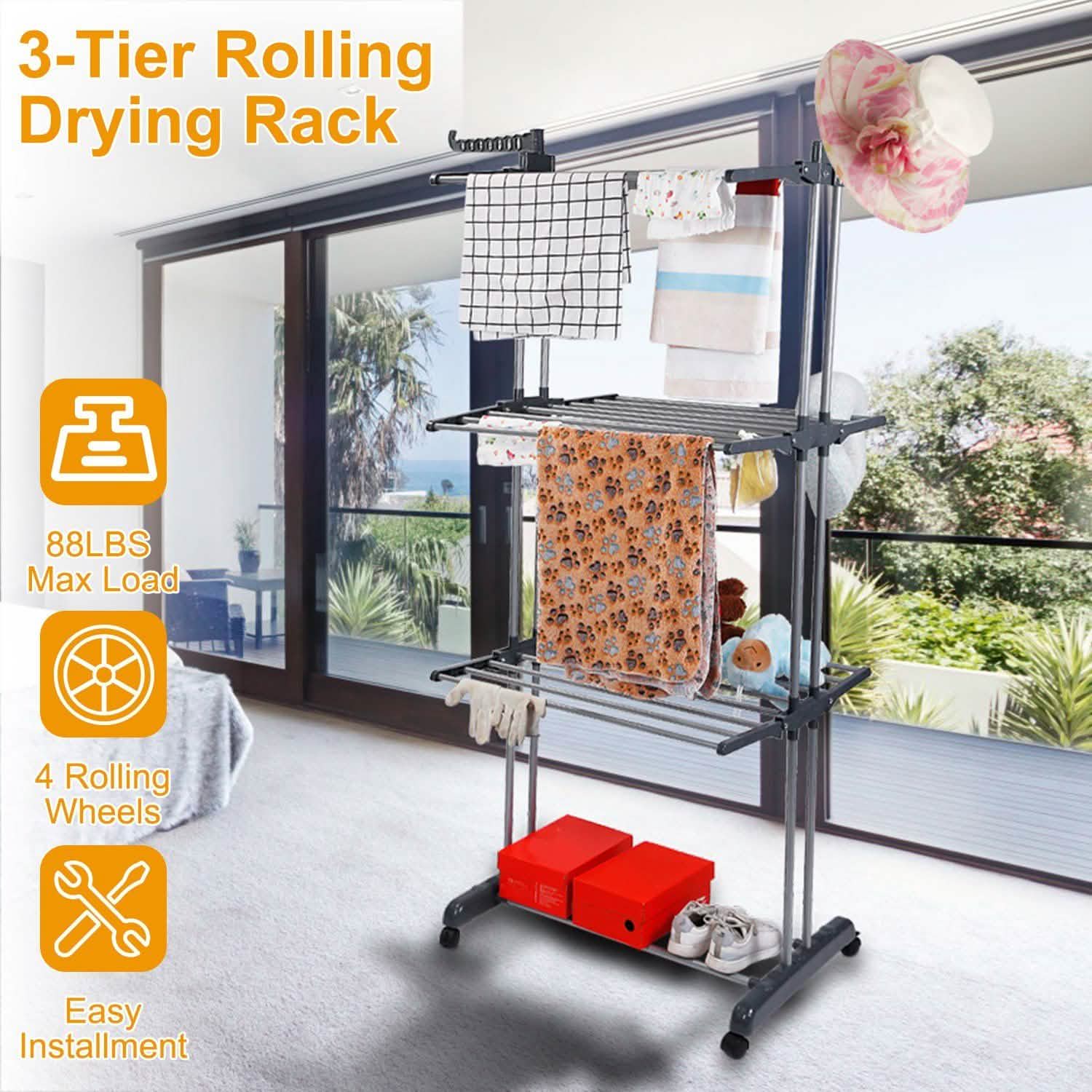 Clothes Drying Rack Rolling Collapsible Laundry Dryer Hanger Stand Rail Storage & Organization - Tophatter Daily Deals