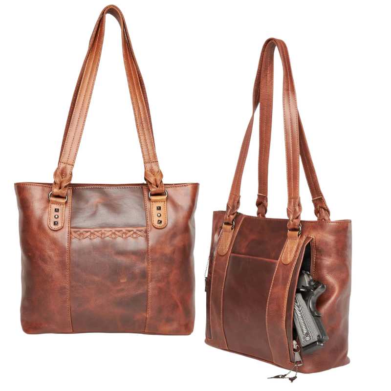 Peyton Leather Concealed Carry Tote EDC Handbag Cognac Handgun Purses - Tophatter Daily Deals