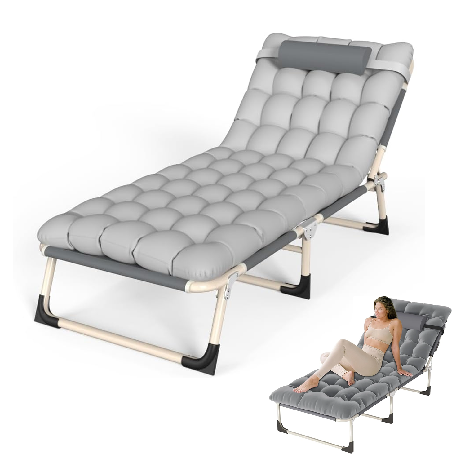 Collapsible Sun Lounger – Foldable Reclining Garden Chair for Outdoor Relaxation Folding Chair Bed - Tophatter Daily Deals