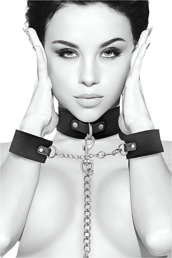 Ouch by Shots Toys - Black & White - Velcro Collar with Leash & Wrist Cuffs - Black BDSM - Tophatter Daily Deals