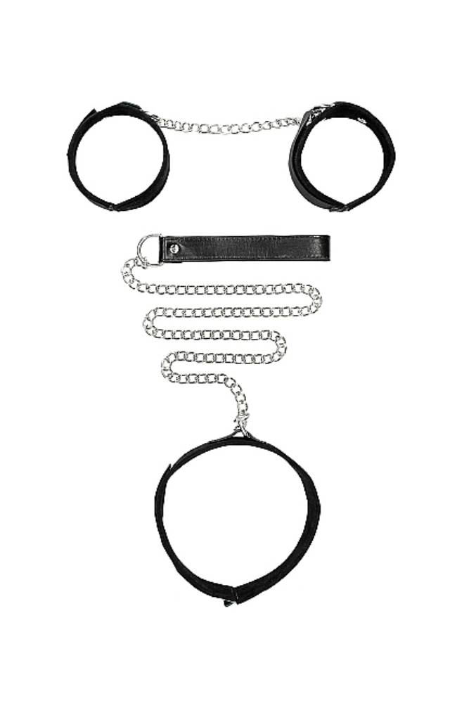 Ouch by Shots Toys - Black & White - Velcro Collar with Leash & Wrist Cuffs - Black BDSM - Tophatter Daily Deals
