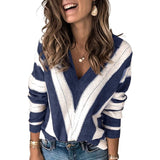 Color Block Striped V Neck Sweater for Women Long Sleeve Knit Pullover Jumper Tops Blue Women's Tops - Tophatter Daily Deals