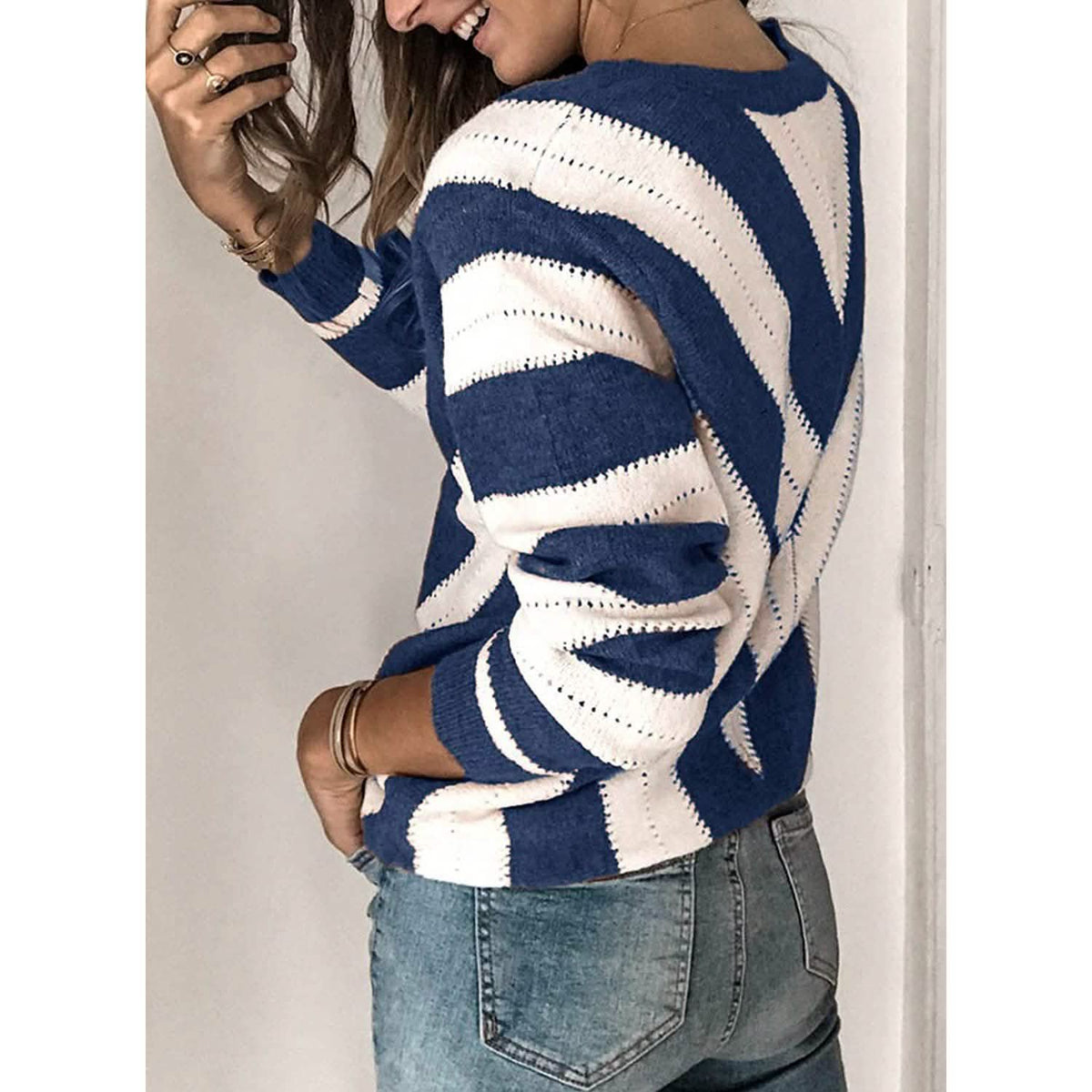 Color Block Striped V Neck Sweater for Women Long Sleeve Knit Pullover Jumper Tops Women's Tops - Tophatter Daily Deals