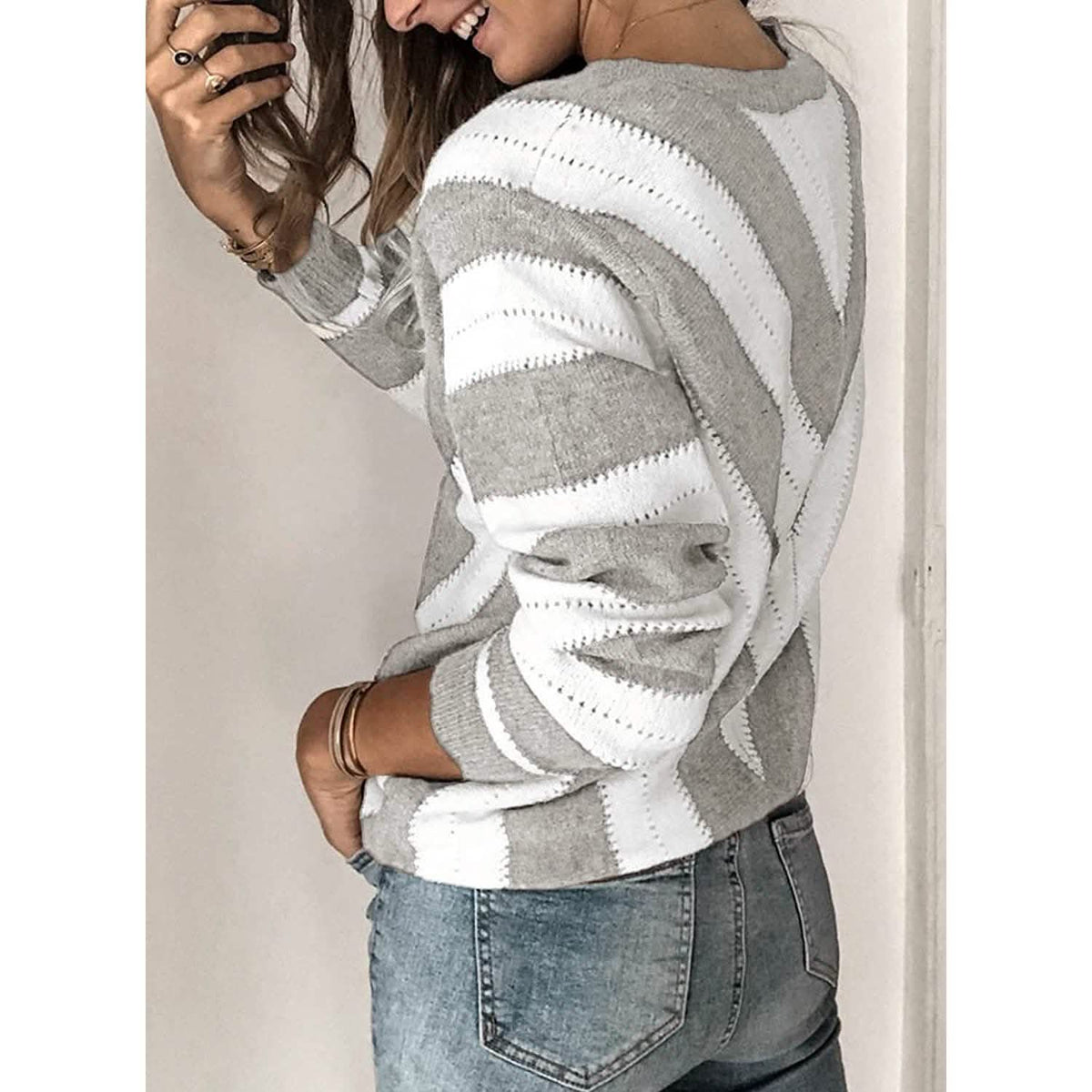 Color Block Striped V Neck Sweater for Women Long Sleeve Knit Pullover Jumper Tops Women's Tops - Tophatter Daily Deals