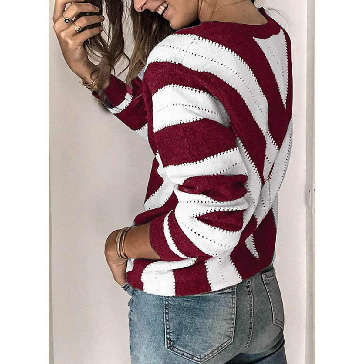 Color Block Striped V Neck Sweater for Women Long Sleeve Knit Pullover Jumper Tops Women's Tops - Tophatter Daily Deals