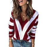Color Block Striped V Neck Sweater for Women Long Sleeve Knit Pullover Jumper Tops Red Women's Tops - Tophatter Daily Deals