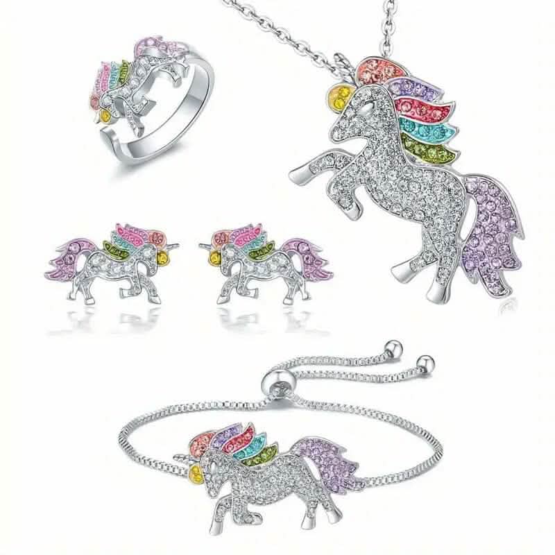 Colorful Cartoon-Themed Unicorn Earrings, Necklace, Ring & Bracelet Jewelry Set Silver Necklaces - Tophatter Daily Deals